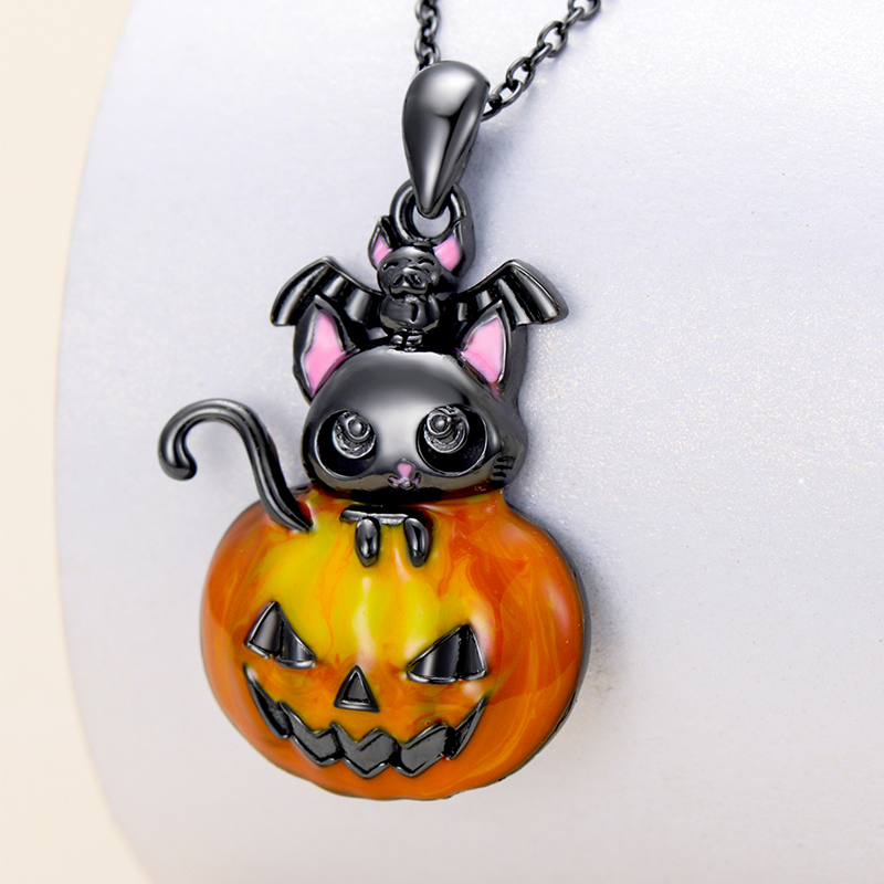 Sterling Silver with Black Color Plated Cat & Pumpkin Pendant Necklace-3