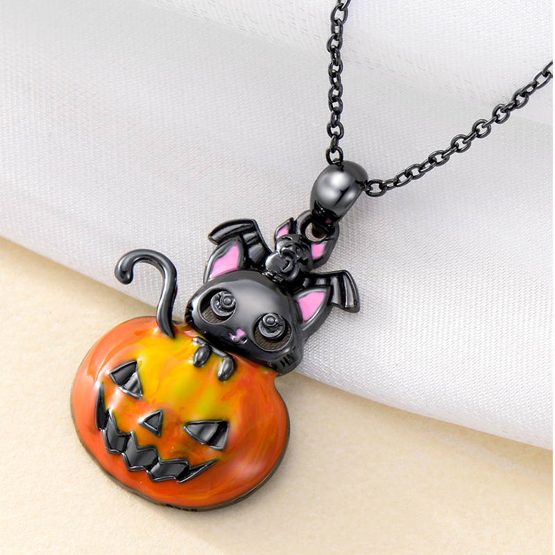 Sterling Silver with Black Color Plated Cat & Pumpkin Pendant Necklace-4