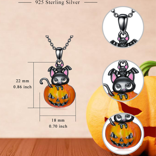 Sterling Silver with Black Color Plated Cat & Pumpkin Pendant Necklace-5