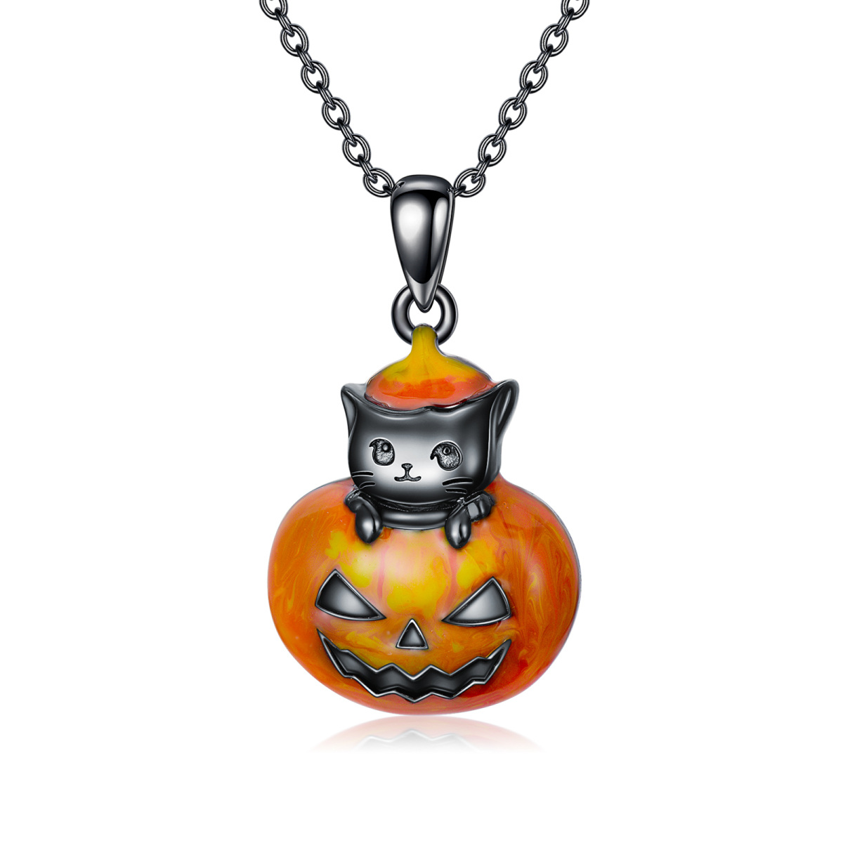 Sterling Silver with Black Color Plated Cat & Pumpkin Pendant Necklace-1