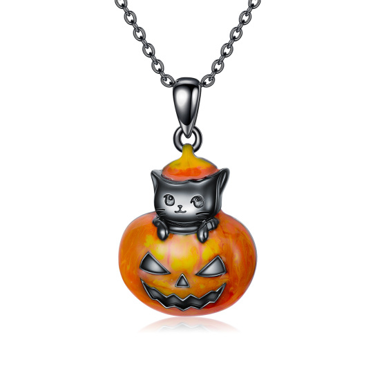 Sterling Silver with Black Color Plated Cat & Pumpkin Pendant Necklace