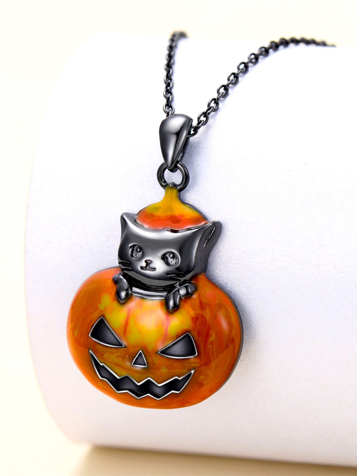 Sterling Silver with Black Color Plated Cat & Pumpkin Pendant Necklace-3