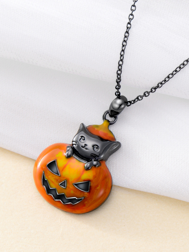 Sterling Silver with Black Color Plated Cat & Pumpkin Pendant Necklace-4