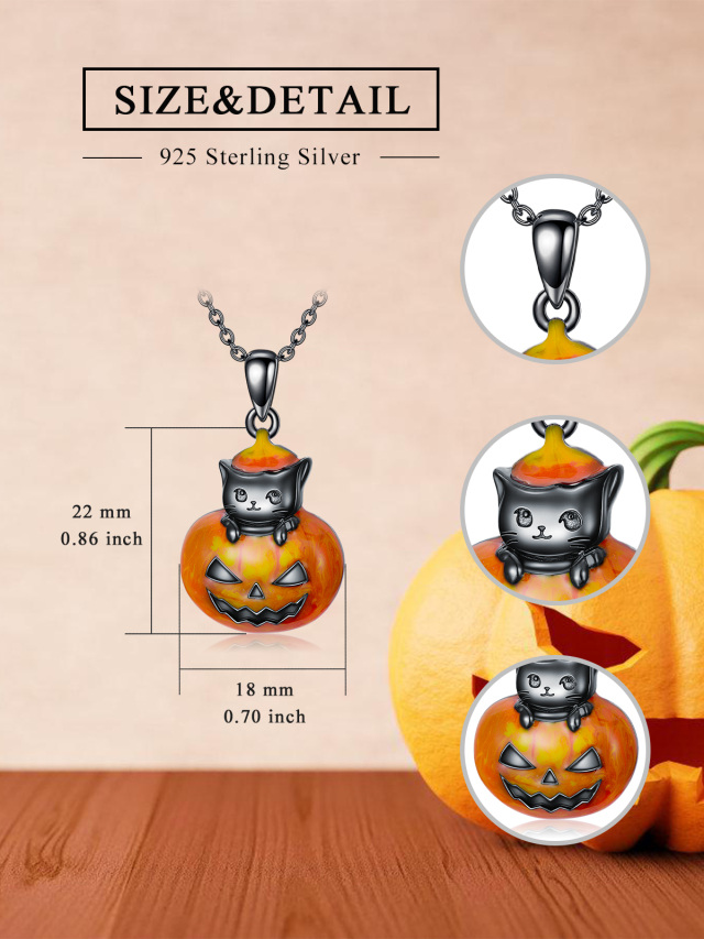 Collana con ciondolo a forma di zucca di gatto placcato in argento sterling e colore nero-5