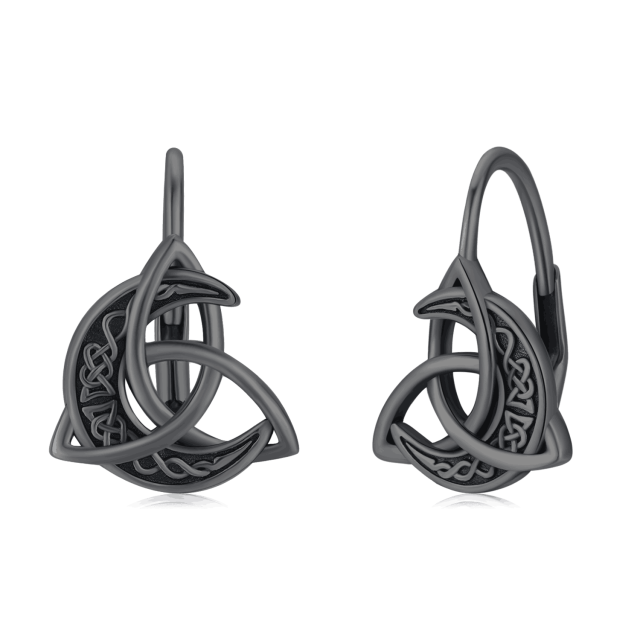 Sterling Silver with Black Color Plated Celtic Knot and Moon Lever-back Earrings-1