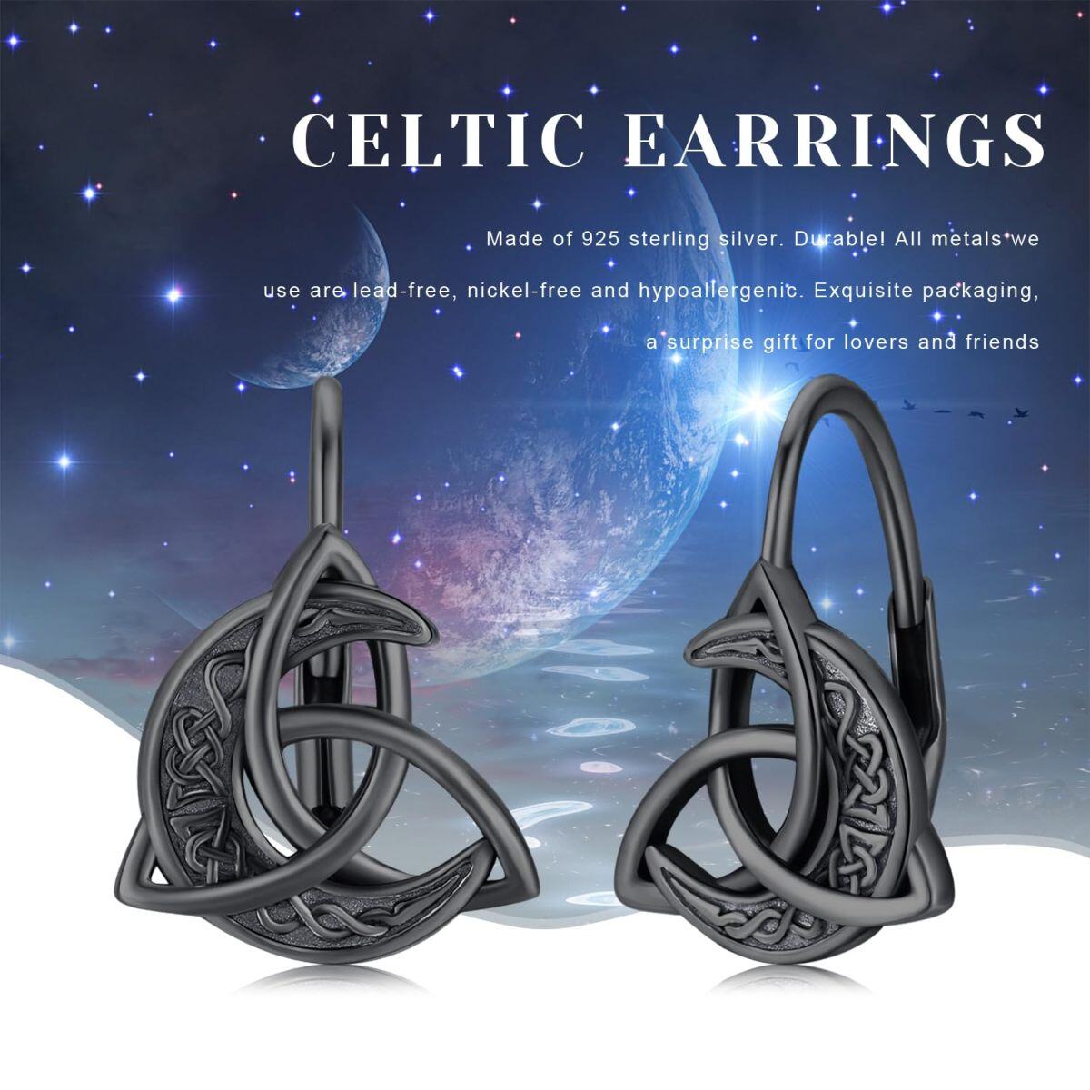 Sterling Silver with Black Color Plated Celtic Knot and Moon Lever-back Earrings-6