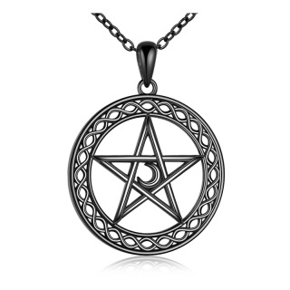 Sterling Silver with Black Color Plated Celtic Knot & Pentagram Pendant Necklace-59