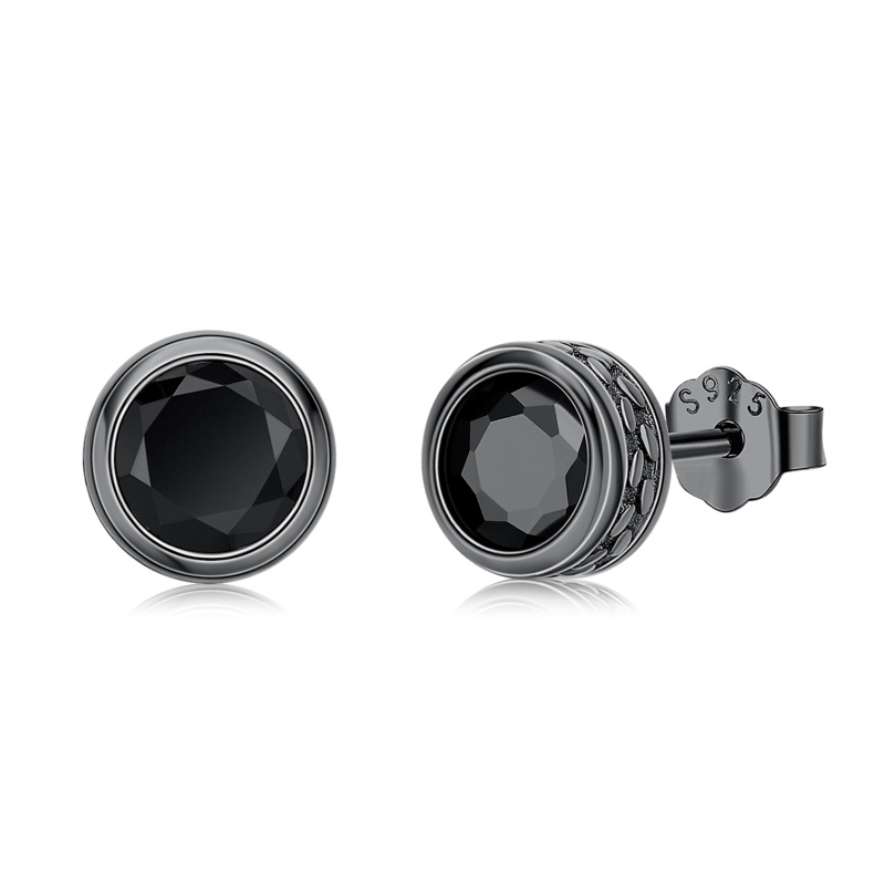 Sterling Silver with Black Color Plated Circular Shaped Crystal Round Stud Earrings