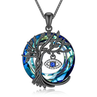 Sterling Silver with Black Color Plated Circular Shaped Tree Of Life & Evil Eye Crystal Pendant Necklace-31