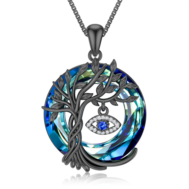 Sterling Silver with Black Color Plated Circular Shaped Tree Of Life & Evil Eye Crystal Pendant Necklace-1