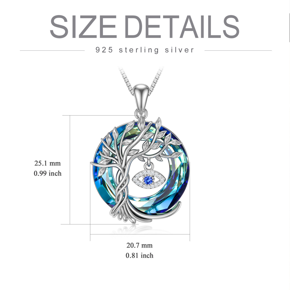 Sterling Silver with Black Color Plated Circular Shaped Tree Of Life & Evil Eye Crystal Pendant Necklace-3