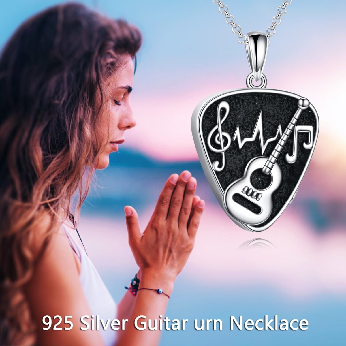 Sterling Silver with Black Color Plated Guitar Urn Necklace for Ashes-3