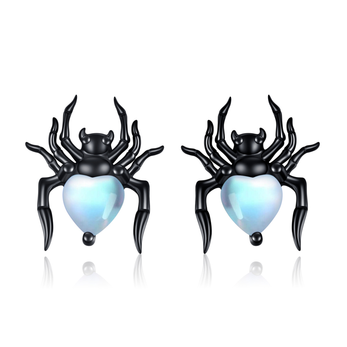 Sterling Silver with Black Color Plated Heart Moonstone Spider Stud Earrings-1