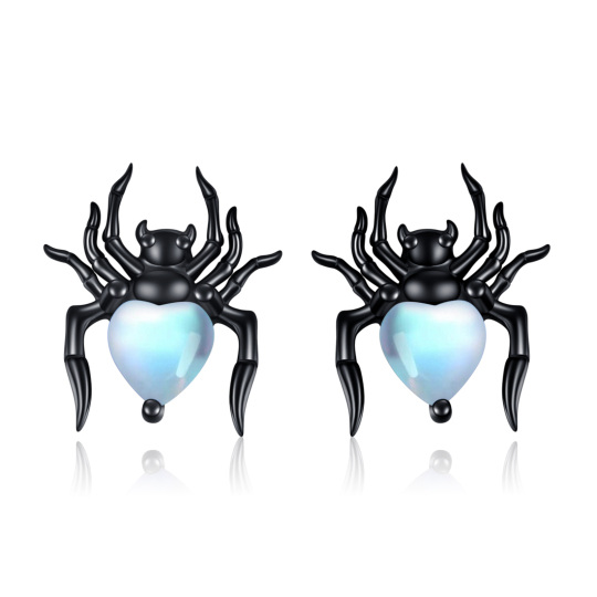 Pendientes de plata de ley con forma de araña y piedra lunar en forma de corazón bañados en color negro