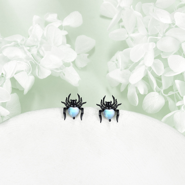 Sterling Silver with Black Color Plated Heart Moonstone Spider Stud Earrings-4