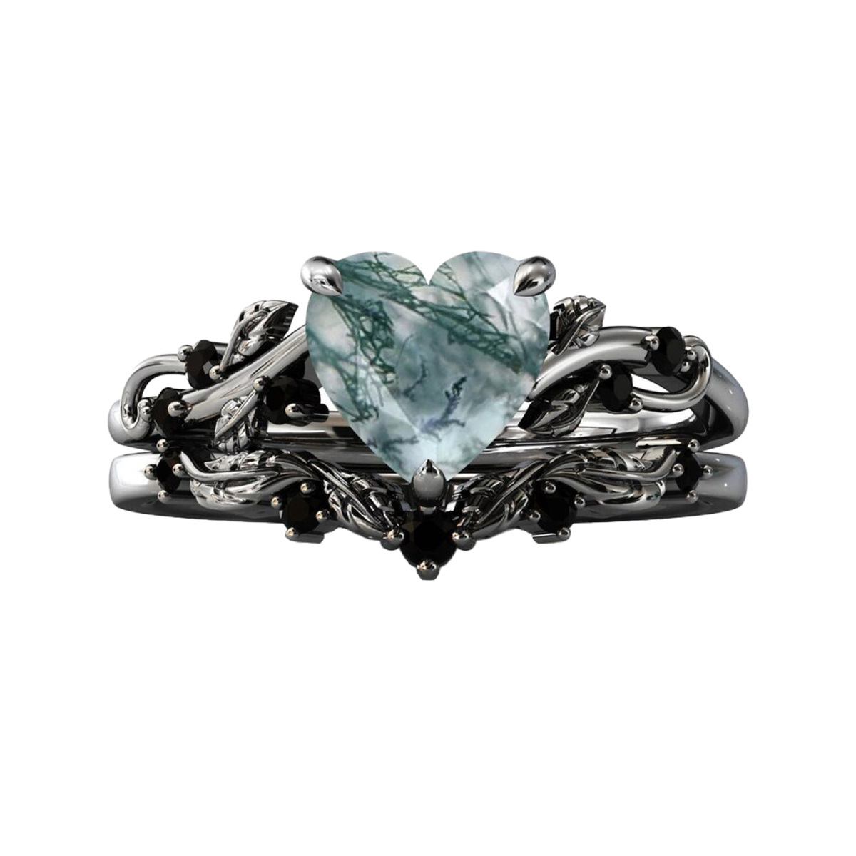 Sterling Silver with Black Color Plated Heart Shaped Moss Agate & Personalized Engraving Ivy & Heart Engagement Ring-1