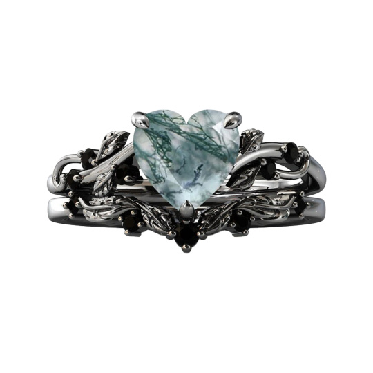 Sterling Silver with Black Color Plated Heart Shaped Moss Agate & Personalized Engraving Ivy & Heart Engagement Ring