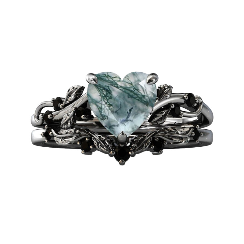 Sterling Silver with Black Color Plated Heart Shaped Moss Agate & Personalized Engraving Ivy & Heart Engagement Ring-8