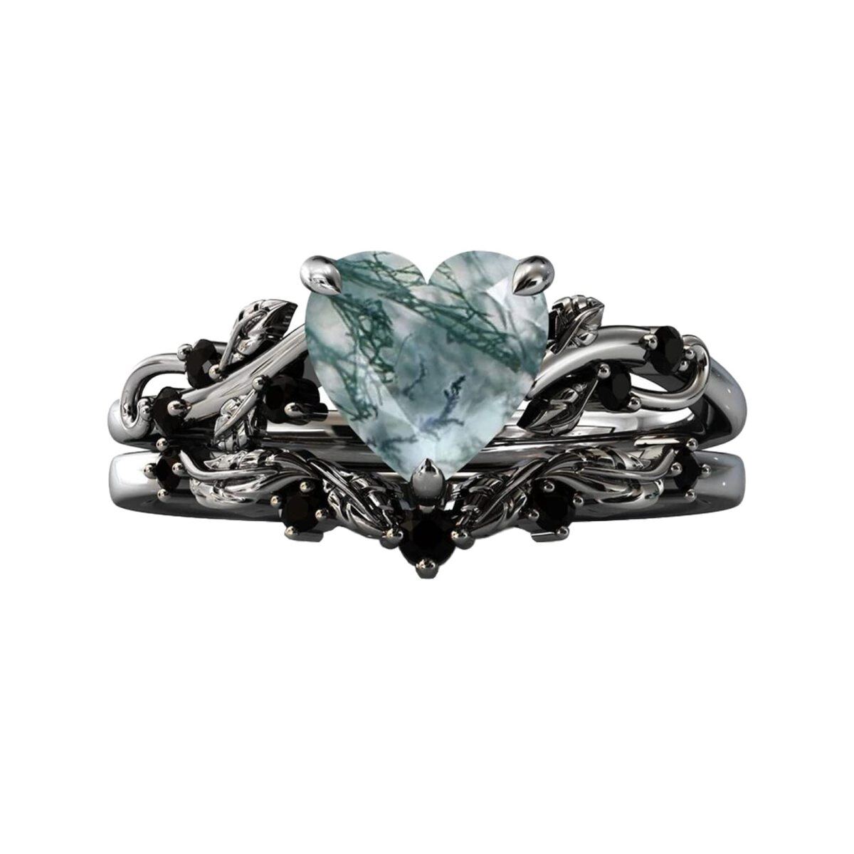 Sterling Silver with Black Color Plated Heart Shaped Moss Agate & Personalized Engraving Ivy & Heart Engagement Ring-3