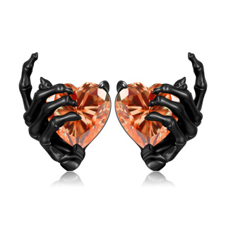 Sterling Silver with Black Color Plated Heart Cubic Zirconia Skeleton Stud Earrings-4