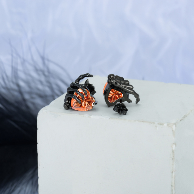 Sterling Silver with Black Color Plated Heart Cubic Zirconia Skeleton Stud Earrings-5