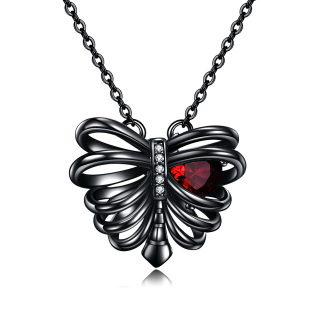 Sterling Silver with Black Color Plated Heart Zircon Butterfly & Skeleton Pendant Necklace-31