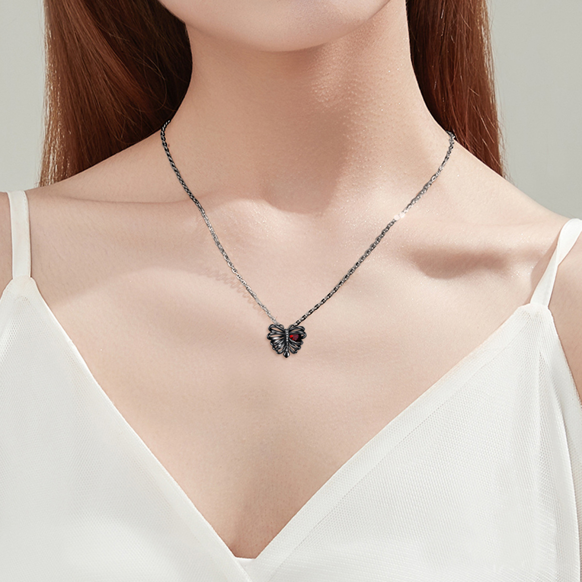 Sterling Silver with Black Color Plated Heart Zircon Butterfly & Skeleton Pendant Necklace-2