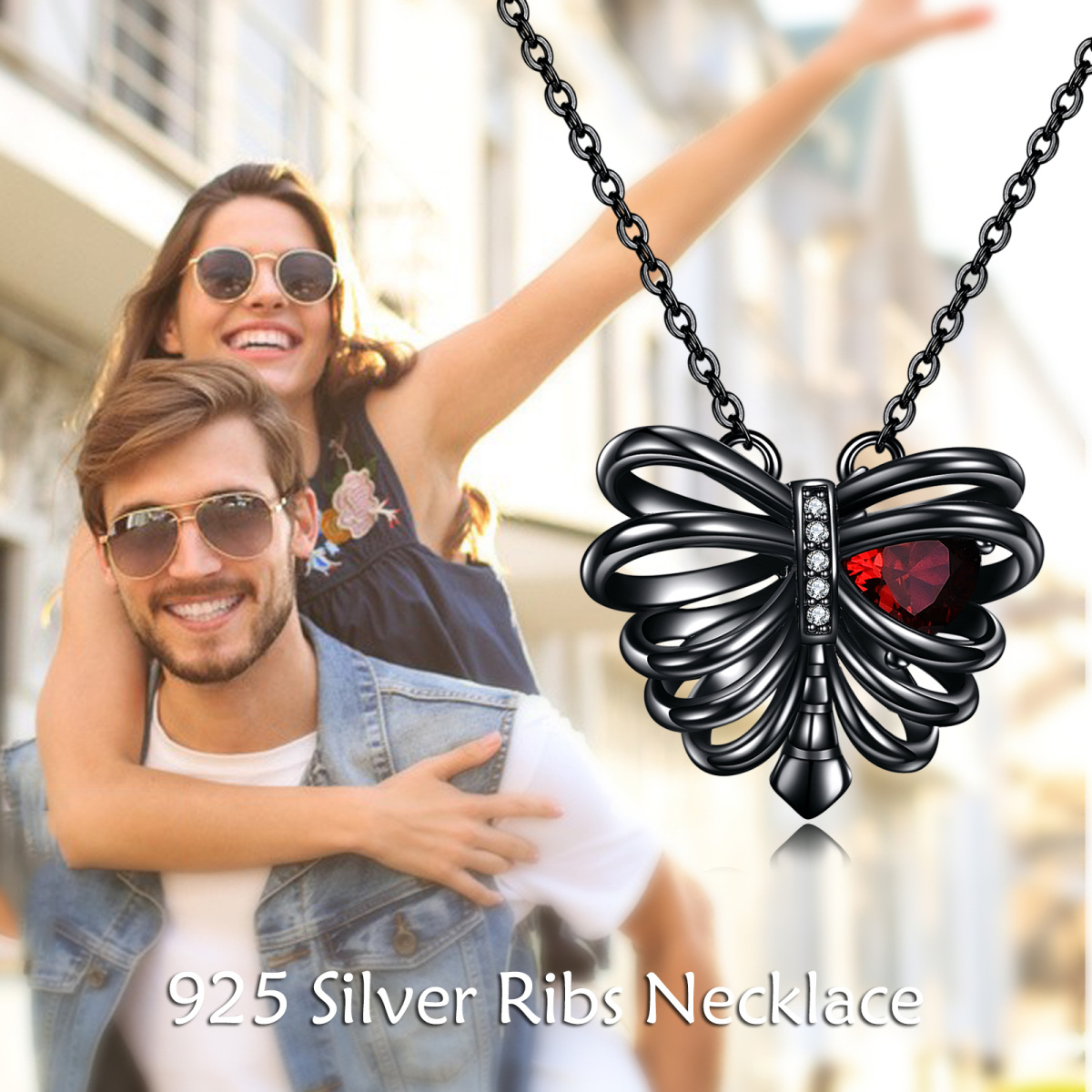 Sterling Silver with Black Color Plated Heart Zircon Butterfly & Skeleton Pendant Necklace-3