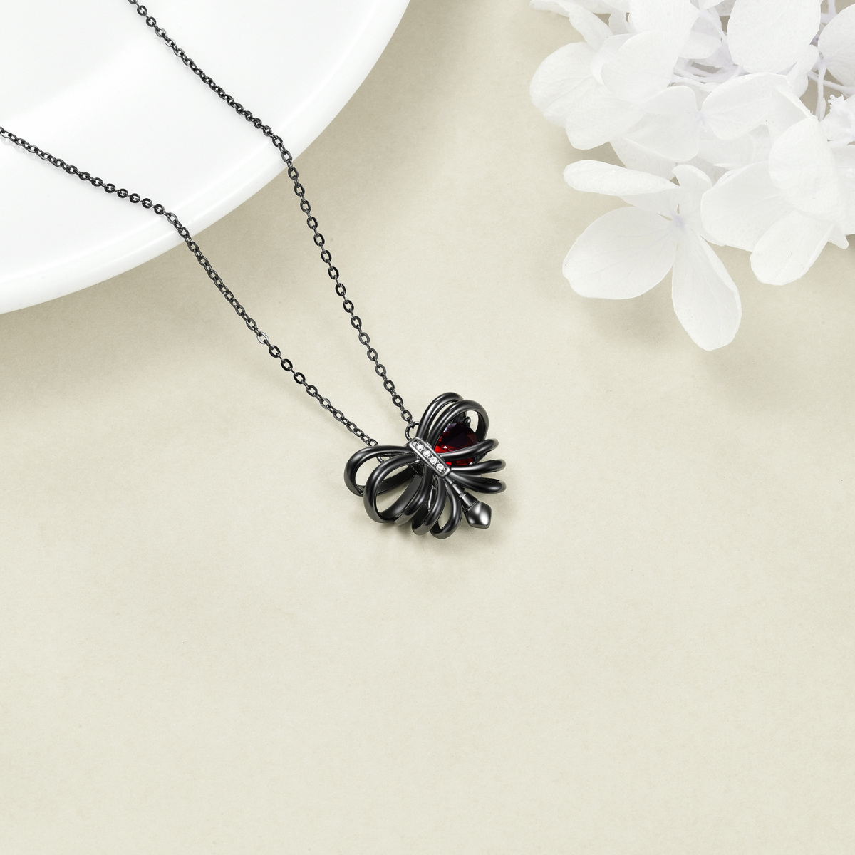 Sterling Silver with Black Color Plated Heart Zircon Butterfly & Skeleton Pendant Necklace-5