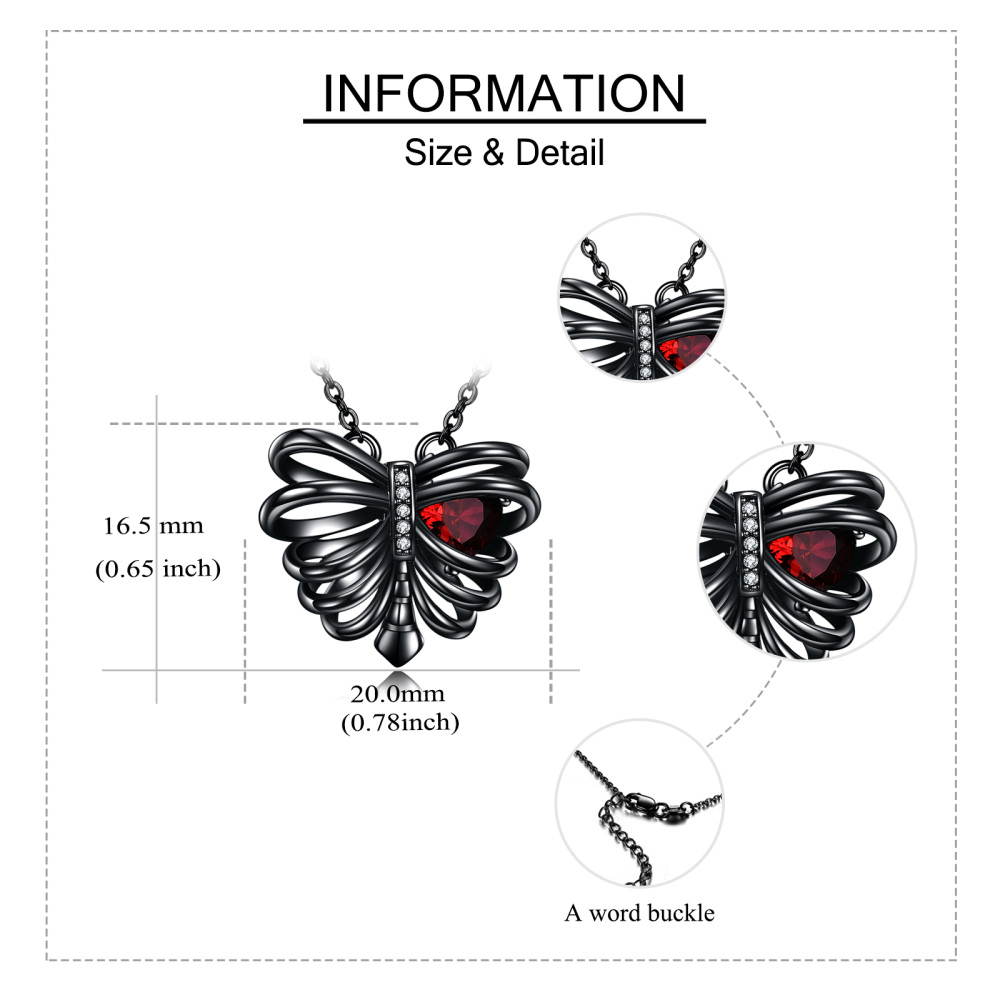 Sterling Silver with Black Color Plated Heart Zircon Butterfly & Skeleton Pendant Necklace-6