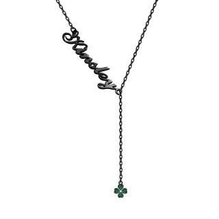 Sterling Silver with Black Color Plated Heart Zircon & Classic Name Four-leaf Clover Adjustable Y Necklace-50