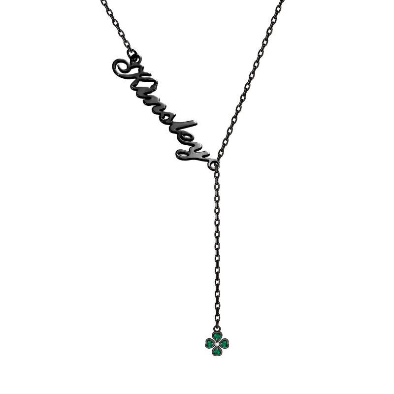 Sterling Silver with Black Color Plated Heart Zircon & Classic Name Four-leaf Clover Adjustable Y Necklace-46