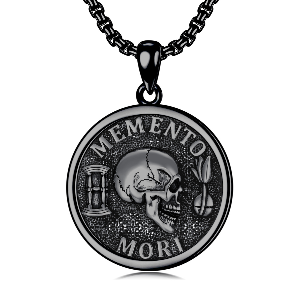 Halskette mit Totenkopf-Anhänger „Memento Mori“ aus Sterlingsilber mit schwarzer Beschichtung für Herren-1