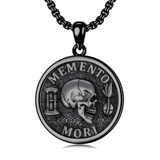 Sterling Silver with Black Color Plated Memento Mori Skull Pendant Necklace for Men-9