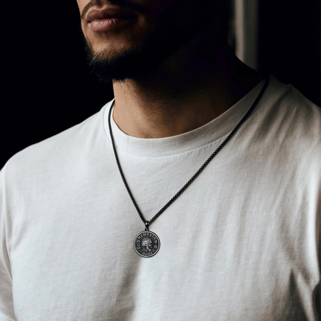 Collier avec pendentif en argent sterling plaqué noir avec tête de mort Memento Mori pour homme-2