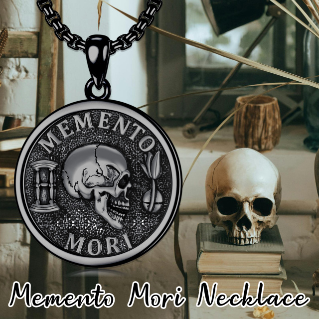 Sterling Silver with Black Color Plated Memento Mori Skull Pendant Necklace for Men-4