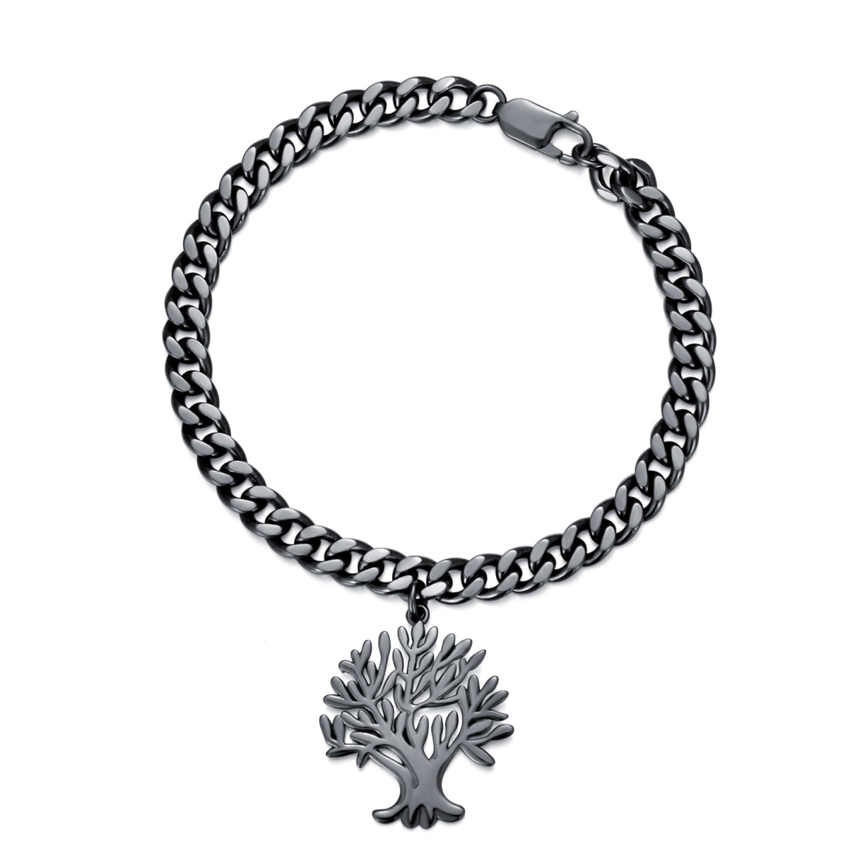 Bracelet en argent sterling avec pendentif arbre de vie plaqué noir de 5 mm, chaîne cubaine-1