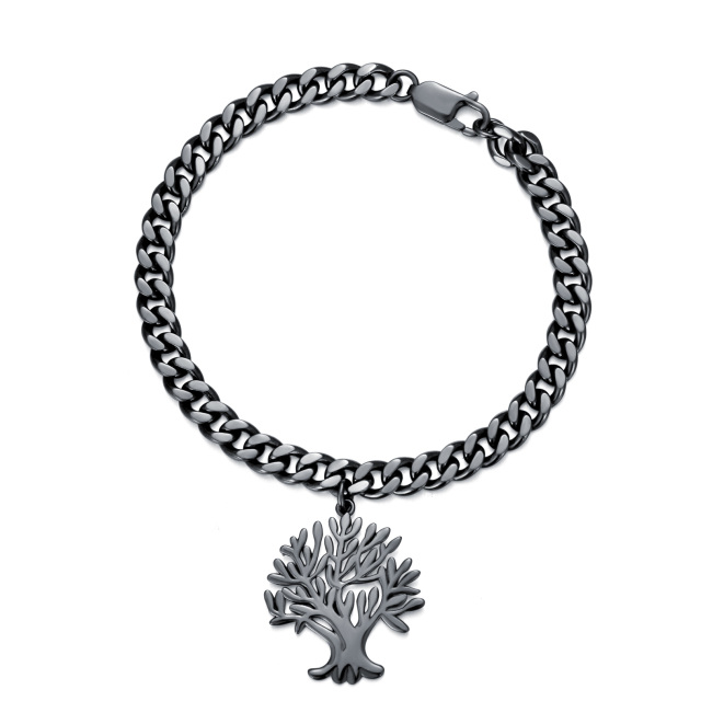 Sterling Silver with Black Color Plated 5 MM Tree Of Life Pendant Cuban Chain Bracelet-1