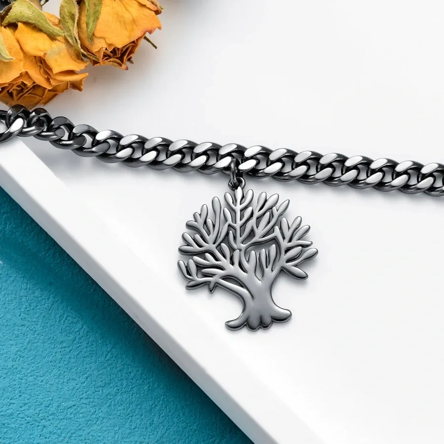 Bracelet en argent sterling avec pendentif arbre de vie plaqué noir de 5 mm, chaîne cubaine-2