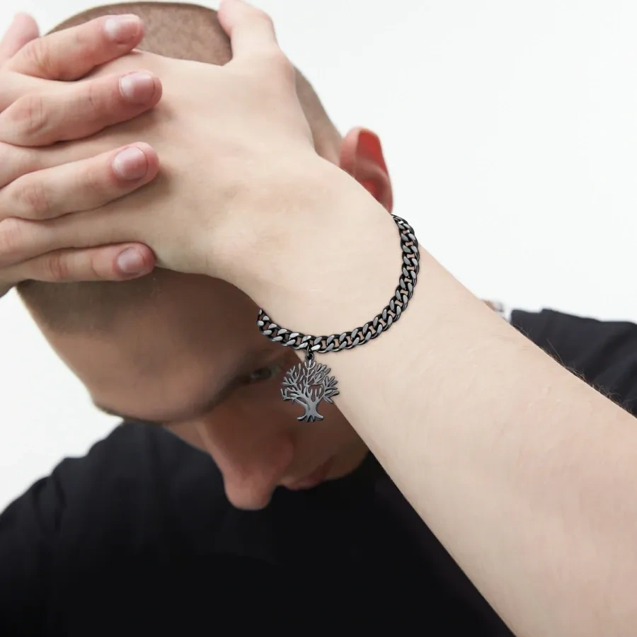 Pulsera de cadena cubana con colgante de árbol de la vida de 5 mm chapada en plata de ley con color negro-3