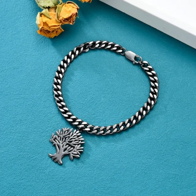 Sterling Silver with Black Color Plated 5 MM Tree Of Life Pendant Cuban Chain Bracelet-4