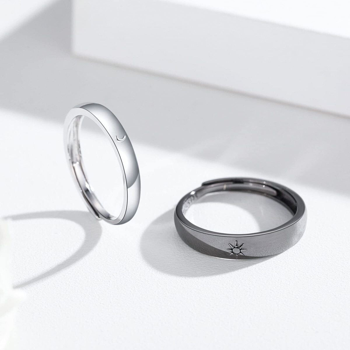 Sterling Silver with Black Color Plated Moon & Sun Couple Rings-5