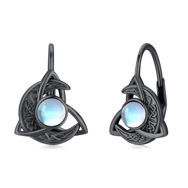 Sterling Silver with Black Color Plated Moonstone Celtic Knot and Moon Lever-back Earrings-1