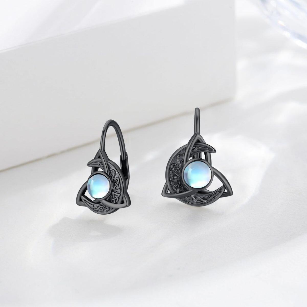 Sterling Silver with Black Color Plated Moonstone Celtic Knot and Moon Lever-back Earrings-4