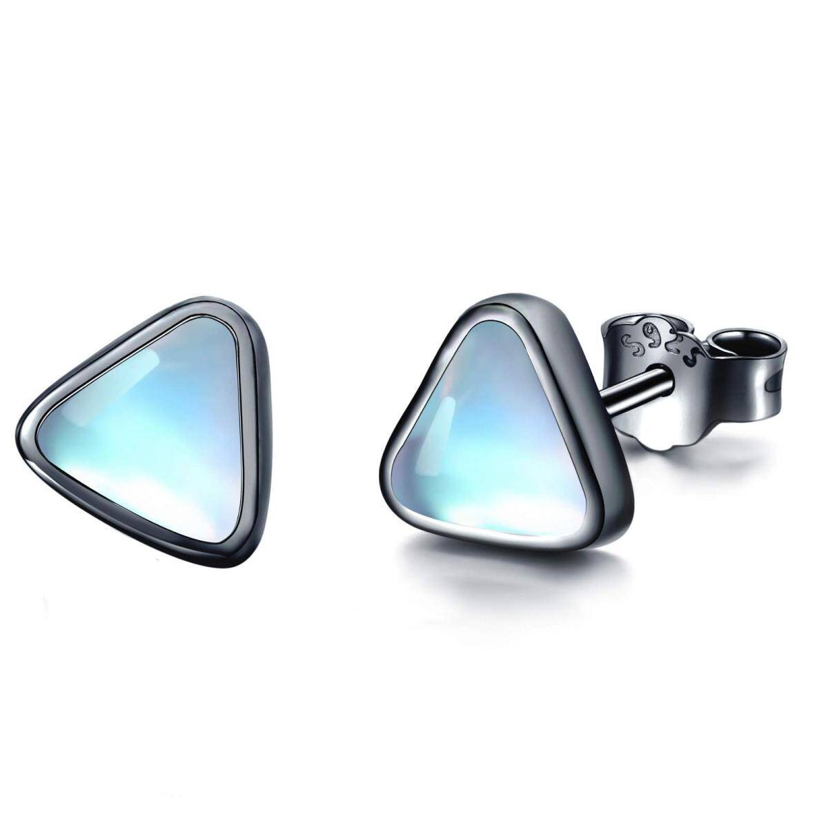 Sterling Silver with Black Color Plated Moonstone Triangle Stud Earrings-1