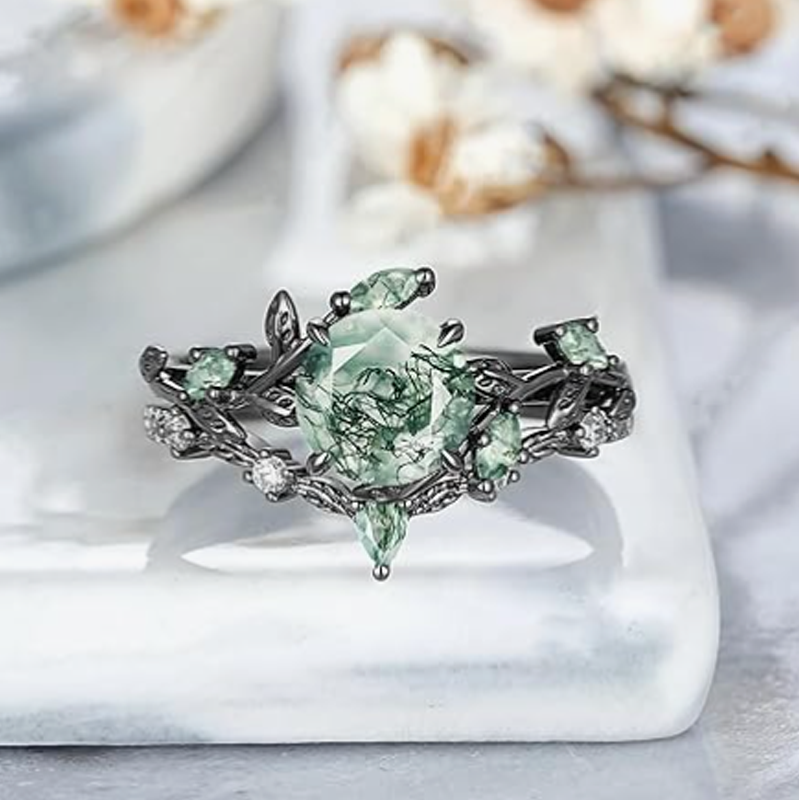 Bague de fiançailles en argent sterling avec feuilles de lierre en agate mousse plaquée de couleur noire-2