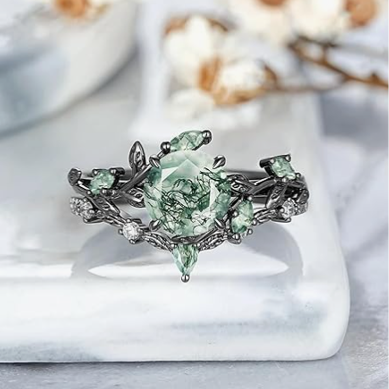 Sterling Silver with Black Color Plated Moss Agate Ivy Leaves Engagement Ring-2