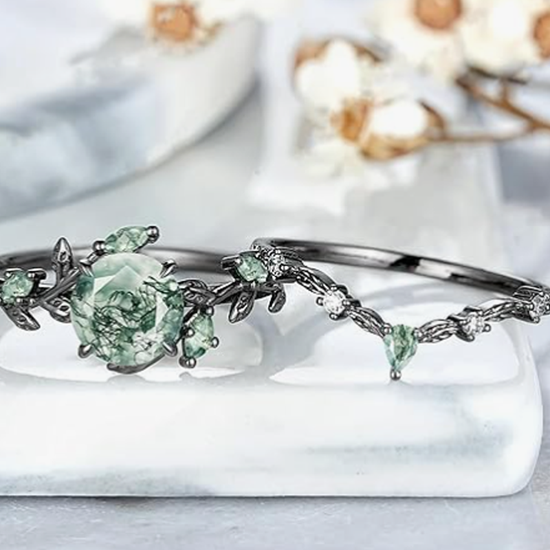 Anillo de compromiso de plata de ley con hojas de hiedra y ágata musgosa bañadas en color negro-3