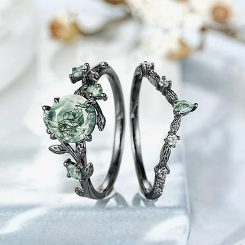 Bague de fiançailles en argent sterling avec feuilles de lierre en agate mousse plaquée de couleur noire-4
