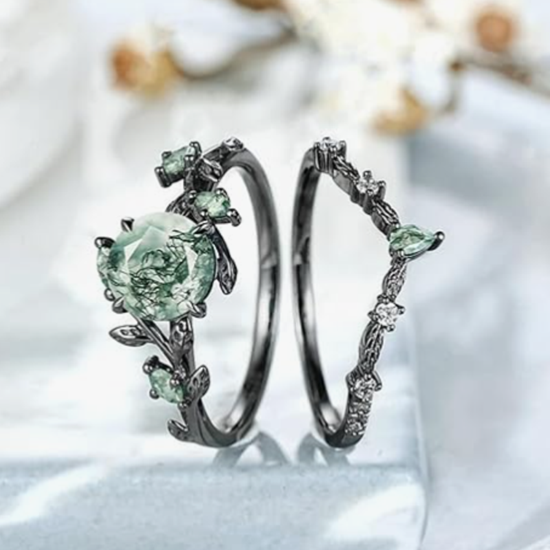 Sterling Silver with Black Color Plated Moss Agate Ivy Leaves Engagement Ring-4